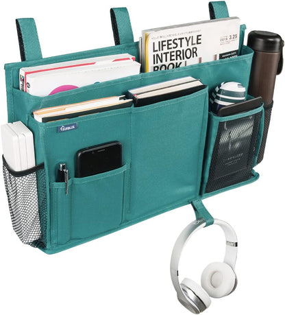 Surblue Bedside Caddy Hanging Organizer Storage Bag Pocket for Bunk, Hospital, College Dorm Rooms, Baby Bed Rails, Camp - 4 Pockets, 2 Hooks (Blue)