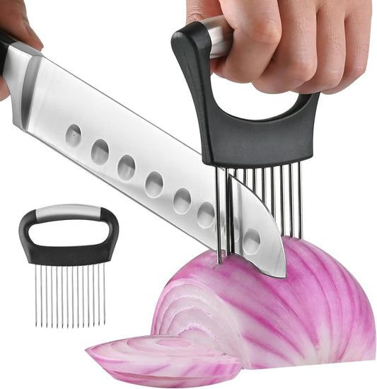2 PCS Onion Holder for Slicing, Vegetable Slicer Slice Cutter Chopper Guide | Stainless Steel Kitchen Slicer Tool, Safe Anti-Cut, Uniform Slices for Tomato, Avocado, Potato, Egg, Lemon, Meat Tenderizer.