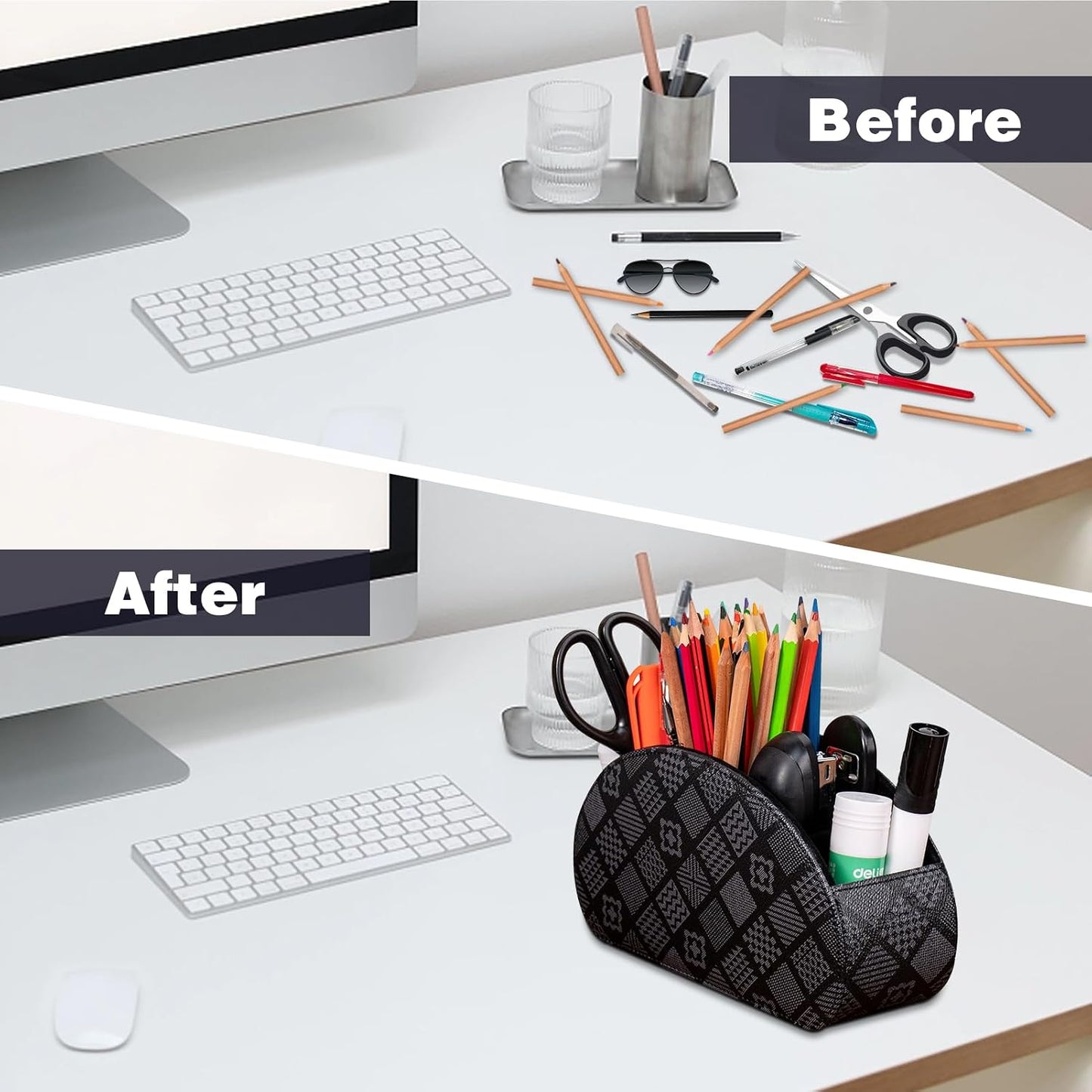 Remote Control Holders Organizer Box with 5 Compartment PU Leather Caddy | Multi-functional Office Desk Storage Caddy Store Tv Remote for Media Player,Brush,Pencil,Glassees&Office Supplies