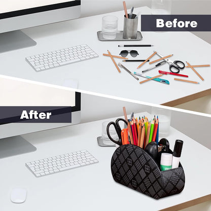 Remote Control Holders Organizer Box with 5 Compartment PU Leather Caddy | Multi-functional Office Desk Storage Caddy Store Tv Remote for Media Player,Brush,Pencil,Glassees&Office Supplies