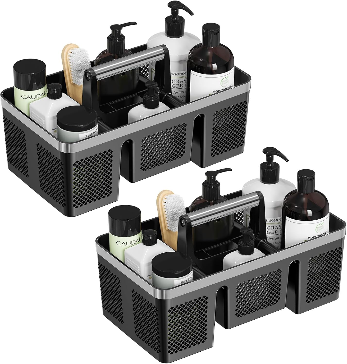 BYUNER Portable Cleaning & Shower Caddy with Handle: Rigid Plastic Basket with 4 Divided Compartments, All-Side Drainage for College Dorm, Bathroom & Utility Use, Black/Gold