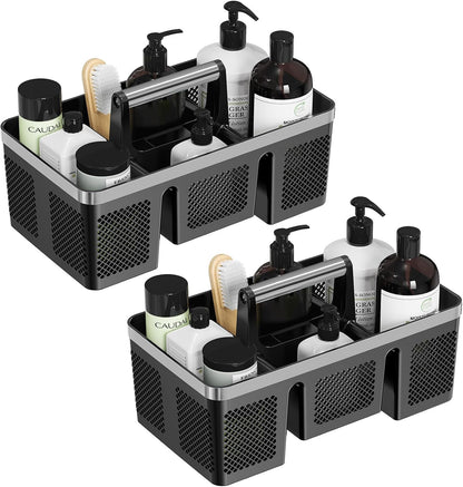 BYUNER Portable Cleaning & Shower Caddy with Handle: Rigid Plastic Basket with 4 Divided Compartments, All-Side Drainage for College Dorm, Bathroom & Utility Use, Black/Gold