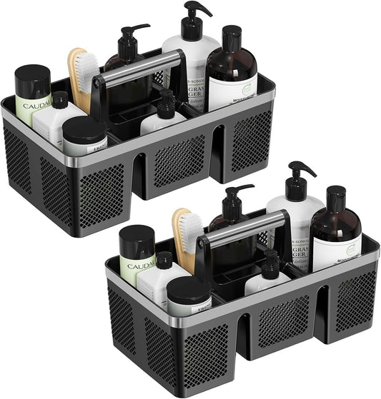 BYUNER Portable Cleaning & Shower Caddy with Handle: Rigid Plastic Basket with 4 Divided Compartments, All-Side Drainage for College Dorm, Bathroom & Utility Use, Black/Gold
