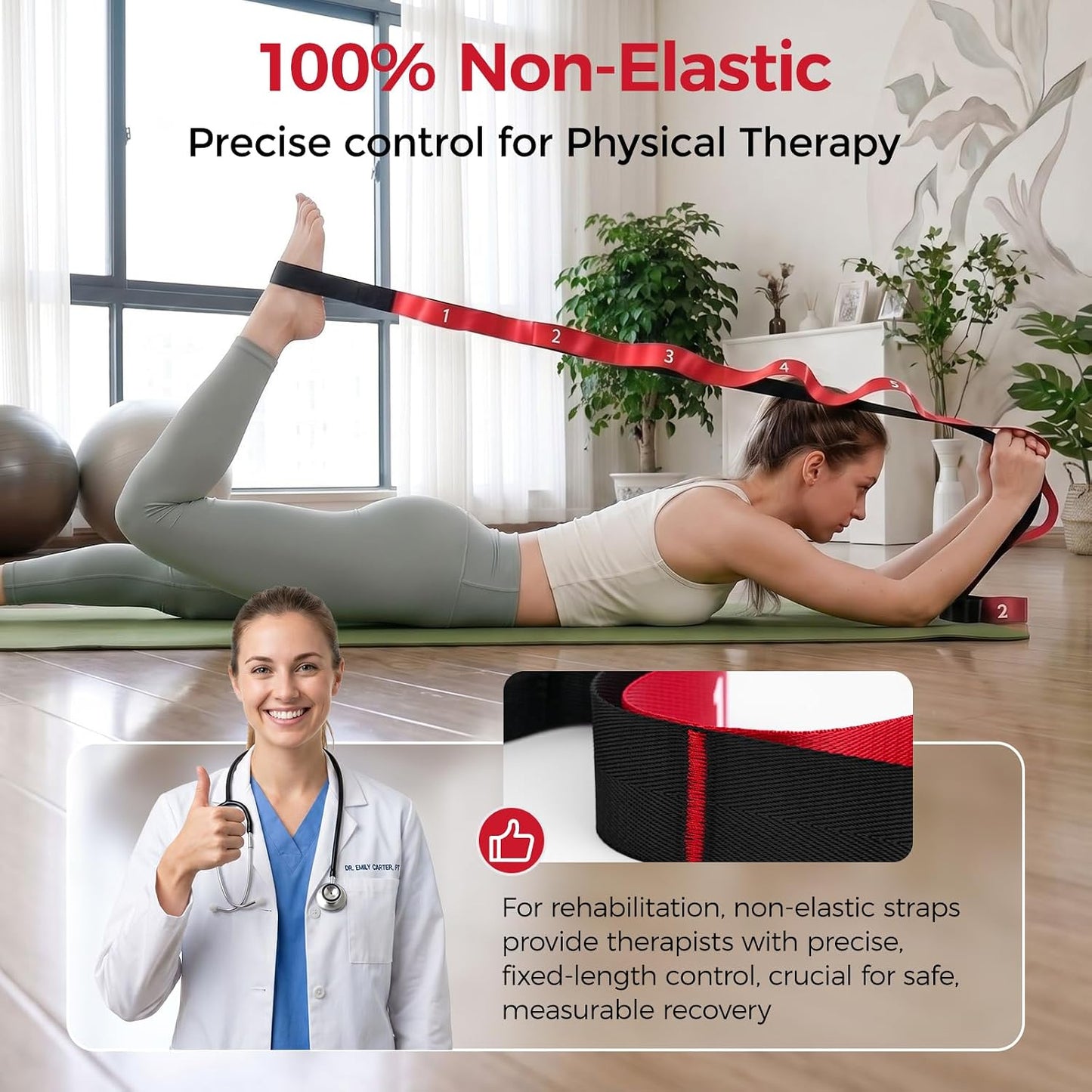 Stretching Strap with Loops - Non-Elastic Heavy Duty Nylon Yoga & PT - Oversized Multi-Loop Home Rehab - Hamstring Shoulder Pilates Flexibility