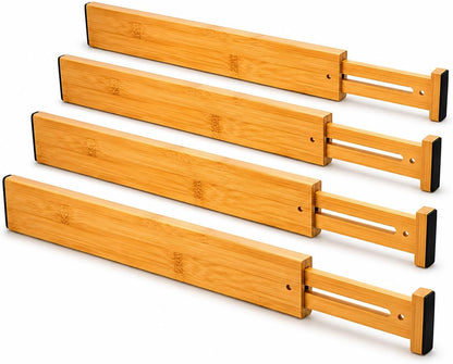 Bamboo Drawer Dividers, 16.5"-22" Adjustable Expandable Organizers, 4 Pack, Tension Mount, Slip Resistant, for Kitchen and Home