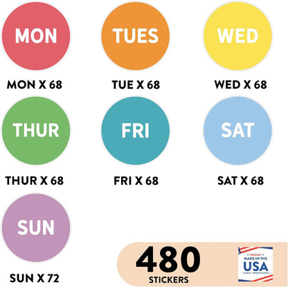 Andaz Press Colorful 7 Days of Week Stickers, Day Week Calendar Stickers for Adults Planner Day Dots Food Labels for Food Containers Date Calendar Planner Stickers Week Day Sticker Labels, 480-Pack