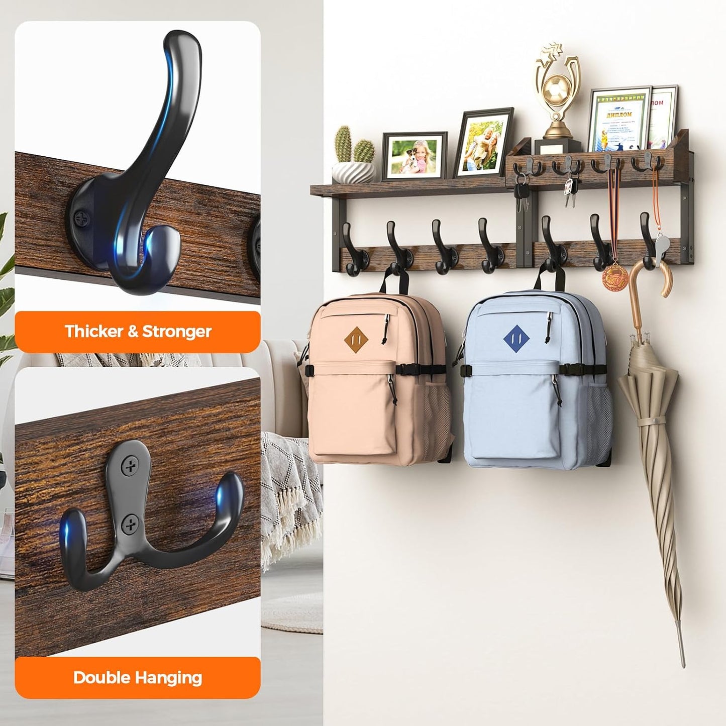 Evermagin 29" Coat Rack Wall Mount with Shelf for Entryway, Rustic Brown | Wall Mounted Coat and Key Rack with Hooks, Key Holder with Mail Organizer for Wall, Living Room, Mudroom, Bedroom