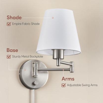 VONLUCE Wall Lamp, Plug in & Swing Arm Wall Sconce, Nickel Finish | Modern Wall Lights with White Fabric Shades, Plug in & Hardwired Wall Mounted Light for Bedside, Living Room, Hallway