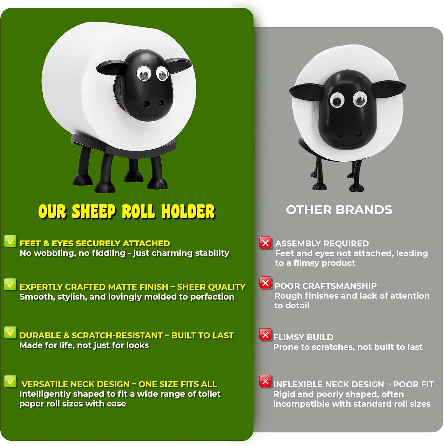 VELENTI Sheep Toilet Roll Holder - Funny Toilet Paper Holders Free Standing Cute Bathroom Decor - Premium 3D Printed Black Sheep Loo Rolls Holder - Hilarious Tissue Paper Roll Storage - Set of 3