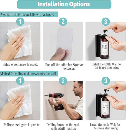 Plastic Shampoo Dispenser Body Wash Dispenser Wall Mount for Home | Shampoo and Conditioner Dispenser No-Drill 3 Chamber Wall Mounted Shower Soap Dispenser Refillable Pump Bottle for Bath Hotel