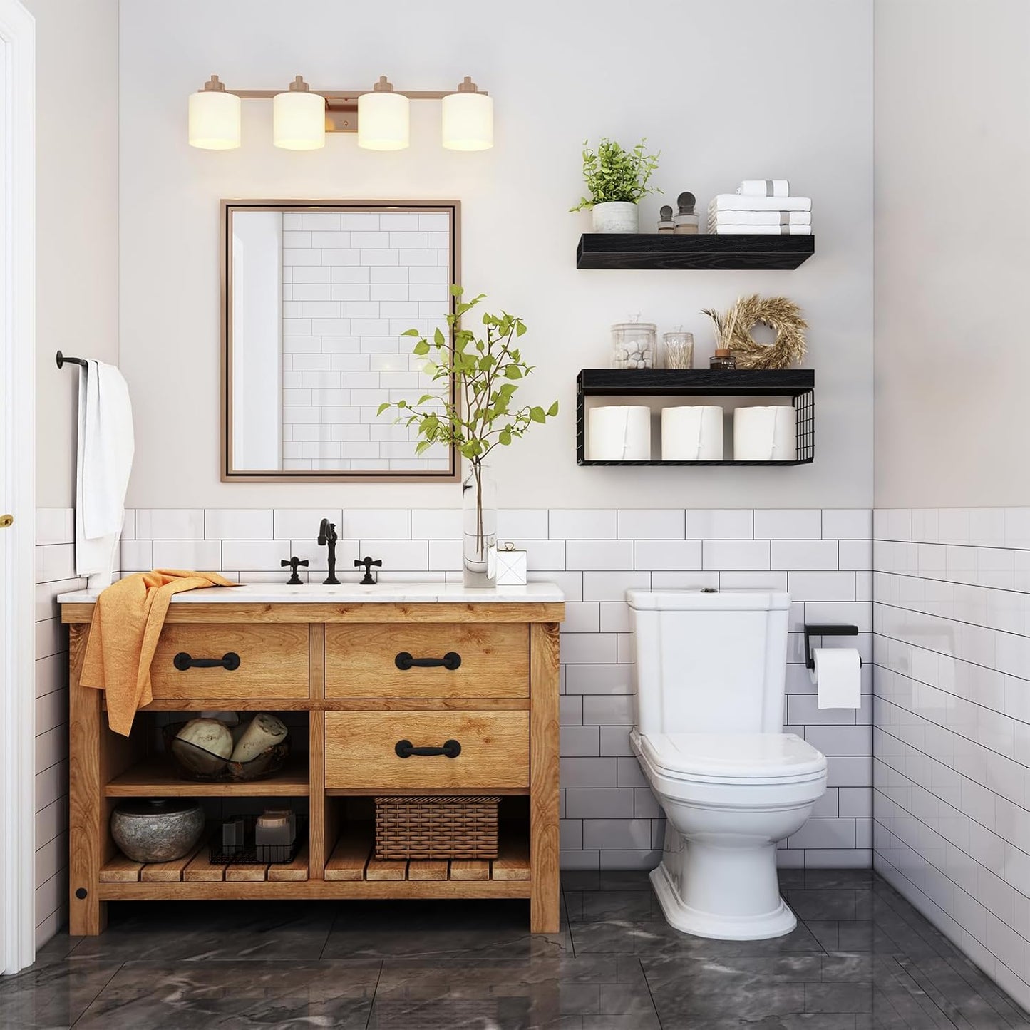 QEEIG Bathroom Shelves Over Toilet - Wall Mounted Floating Shelves Toilet Paper Storage Small Farmhouse Decor Shelf 16 inch Set of 3, Rustic Brown (019-BN3)