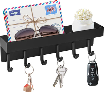 VIS'V Key Holder Wall Mount, Magnetic Key Rack with Tray, 6 Hooks, Black | 2 Mount Options, Metal Material, Compact Discreet Design, for Fridge, Kitchen, Entryway, Hallway, Doorway, Garage, Camper