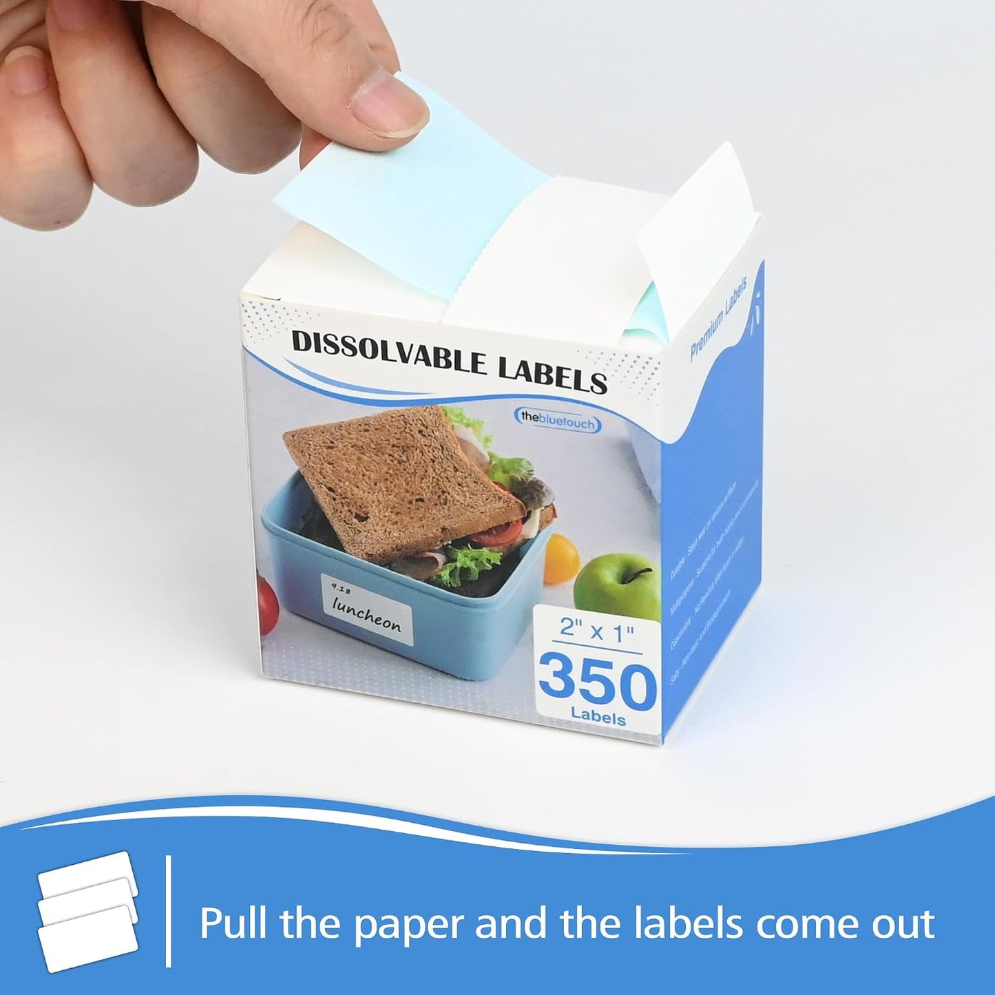 THEBLUETOUCH 350（1 Rolls） Dissolvable Food Labels with Dispenser, 1" x 2" | BPA-Free Water Dissolving Labels, No Residue, Ideal for Freezer Meal Prep Containers, Glass Jars & Storage Bags