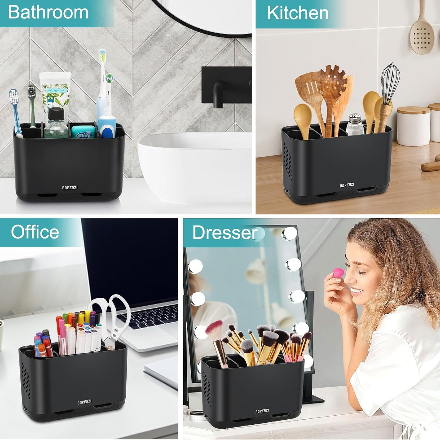 Boperzi Toothbrush and Toothpaste Holder Drainage for Bathroom Countertop with Adjustable Dividers, Large Toothpaste Caddy Organizer Storage Rustic Decor Set Anti-Slip for Shower,Family,Kids Gray
