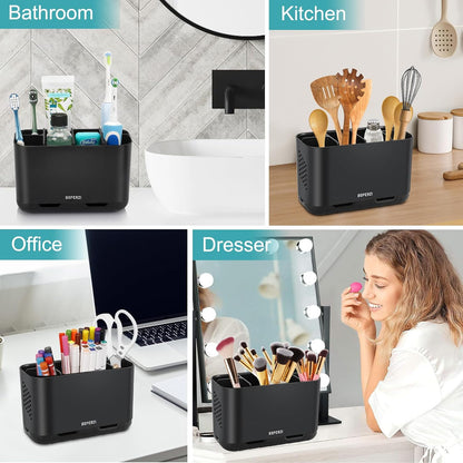Boperzi Toothbrush and Toothpaste Holder Drainage for Bathroom Countertop with Adjustable Dividers, Large Toothpaste Caddy Organizer Storage Rustic Decor Set Anti-Slip for Shower,Family,Kids Gray