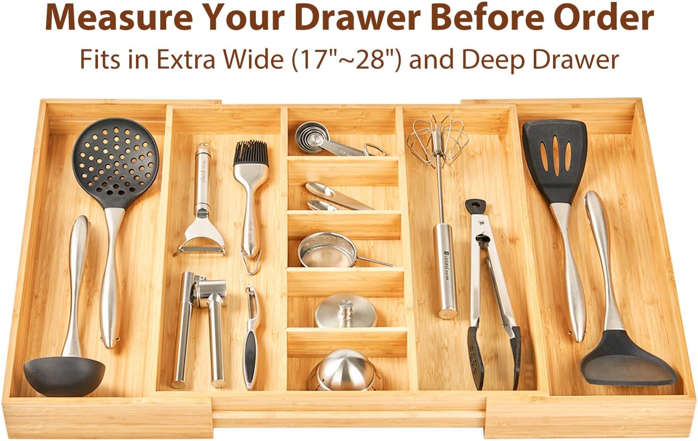 Large Expandable Kitchen Silverware Utensils Drawer Organizer, 2.5" Extra High Adjustable Drawer Divider with Curved Grooves, Bamboo Wood Cutlery Tray Flatware Holder
