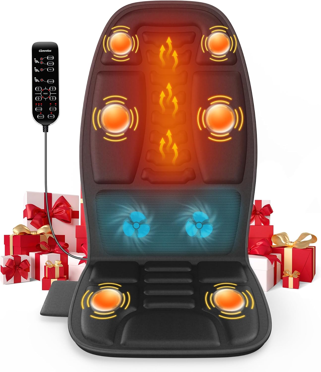 Massage Seat Cushion with Heat and Cooling Fan, Vibration Back Massager for Chair with 6 Motors, Chair Massager Pad for Office Chair, Sofa and Recliner, Jet-Black