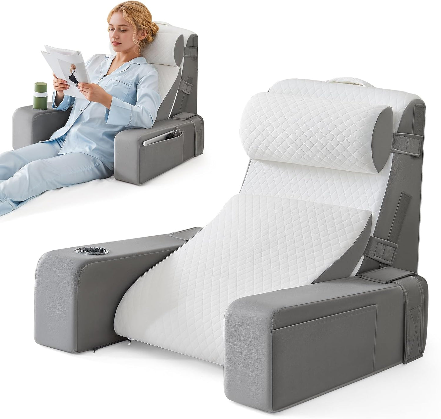 Reading Pillow for Bed with Adjustable Armrests and Side Pockets, Back Pillow for Bed Sitting Up, Sit Up Pillow, and Bed Pillows for Sitting Up, Ideal for Reading, Watching TV and Relaxing, Light Gray