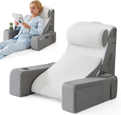 Reading Pillow for Bed with Adjustable Armrests and Side Pockets, Back Pillow for Bed Sitting Up, Sit Up Pillow, and Bed Pillows for Sitting Up, Ideal for Reading, Watching TV and Relaxing, Light Gray