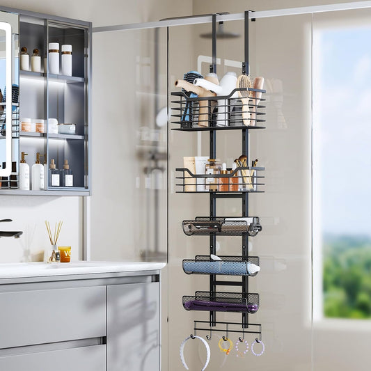 Consumest 6-Tier Hair Tool Organizer - Hair Dryer Holder Over The Door/Wall Mounted DIY Adjustable Shelf Bathroom Door Organizer with Hook for Curling Iron/Blow Dryer/Straightener Black
