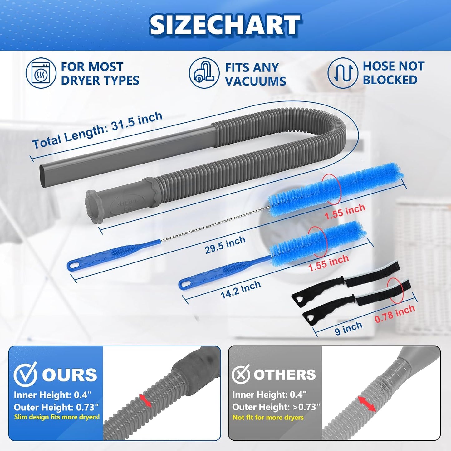 Sealegend 5Pack Dryer Vent Cleaner Kit Vacuum Hose Attachment & Brush Blue | Whistle-Free Hose | Universal Connector Fits Most Vacuums | 4 Brushes for Dryer Vents, Refrigerator Coils, Drains & Sinks
