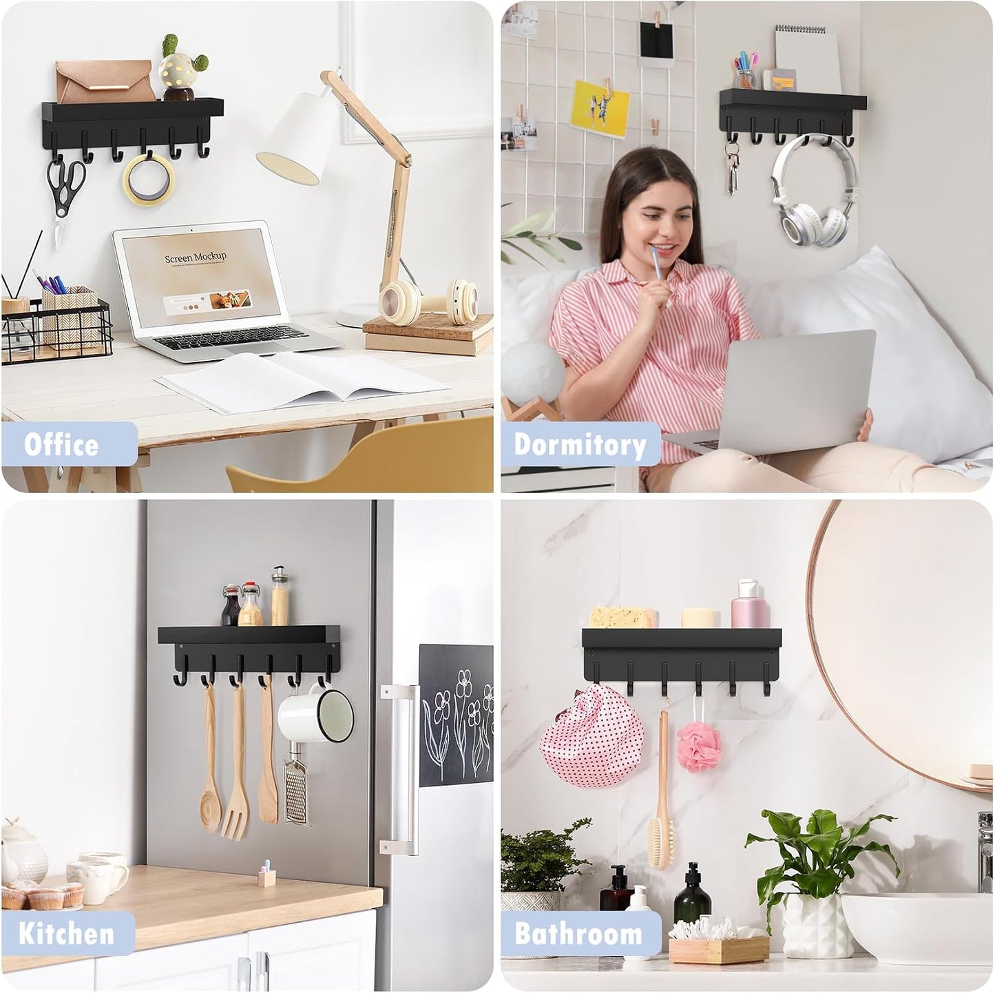 Magnetic Key Holder, Wall Mount Key Rack with Shelf, 9.65 in, Black | Metal Material, Small Size, 6 Metal Hooks, 2 Installation Ways, for Fridge, Entryway, Kitchen, Bathroom, Garage, RV, Office