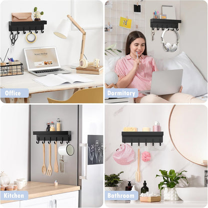 Magnetic Key Holder, Wall Mount Key Rack with Shelf, 9.65 in, Black | Metal Material, Small Size, 6 Metal Hooks, 2 Installation Ways, for Fridge, Entryway, Kitchen, Bathroom, Garage, RV, Office