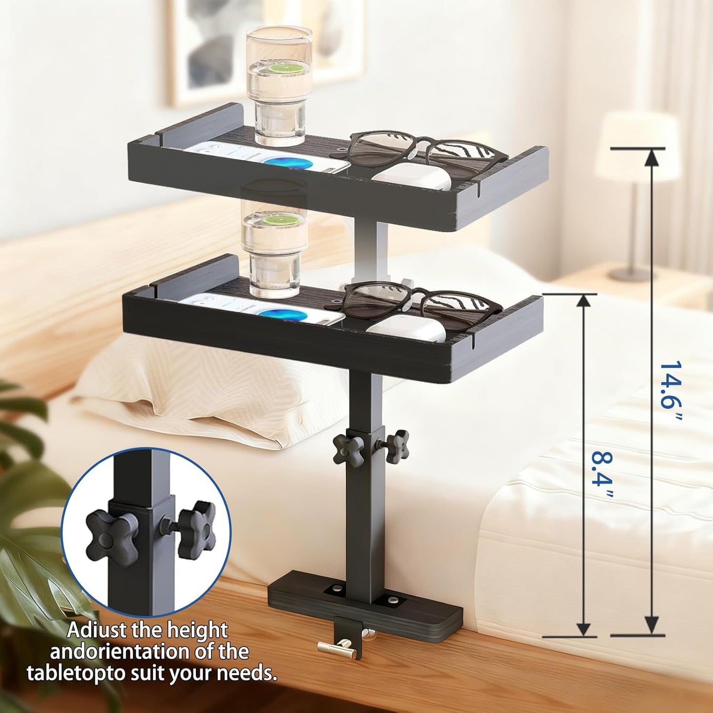 Bedside Shelf for Bed Frame, Clamp On Bedside Table Organizer, Dorm Room Nightstand Alternative for Phone, Glasses, Laptop, Books, Small Storage Tray for Bunk Bed College Dorm (Black)