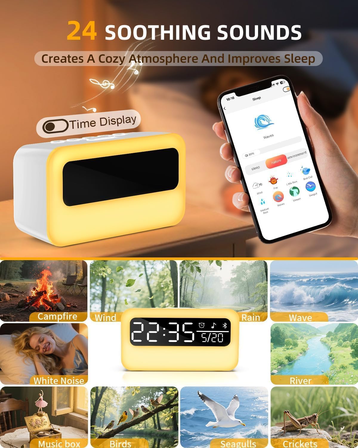 4-in-1 Night Light for Kids Adults, White Noise Sound Machine with 24 Soothing Sounds Portable Rechargeable Adjustable Brightness Light, Bluetooth Speaker Time Display, App Control
