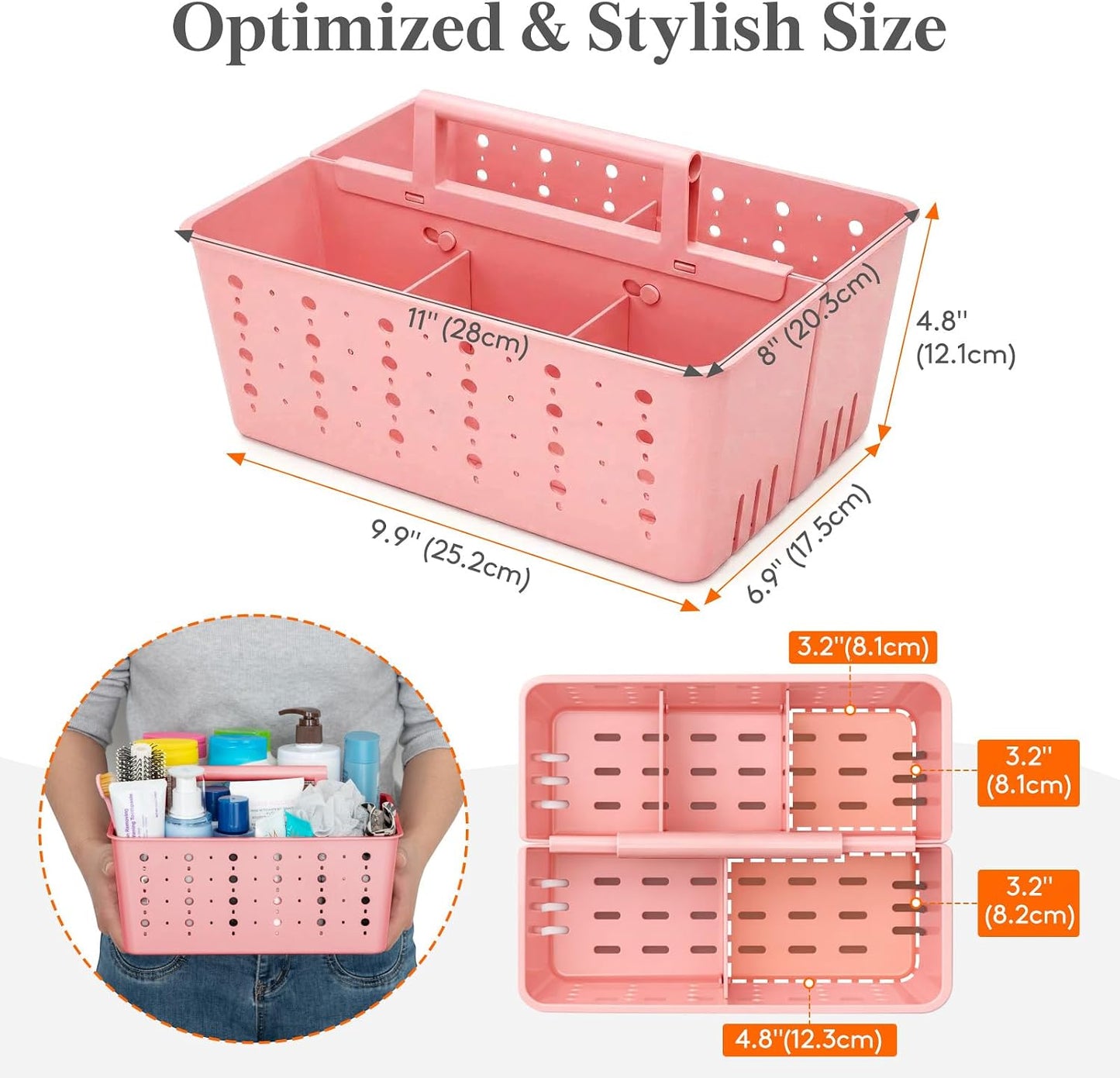 Lifewit Portable Shower Caddy, Plastic Basket Organizer, 1 Pack, Pink | Sturdy ABS plastic, Removable Compartment, Drain Design, College Dorm Room Essentials with Handle, for Bathroom, Toiletry