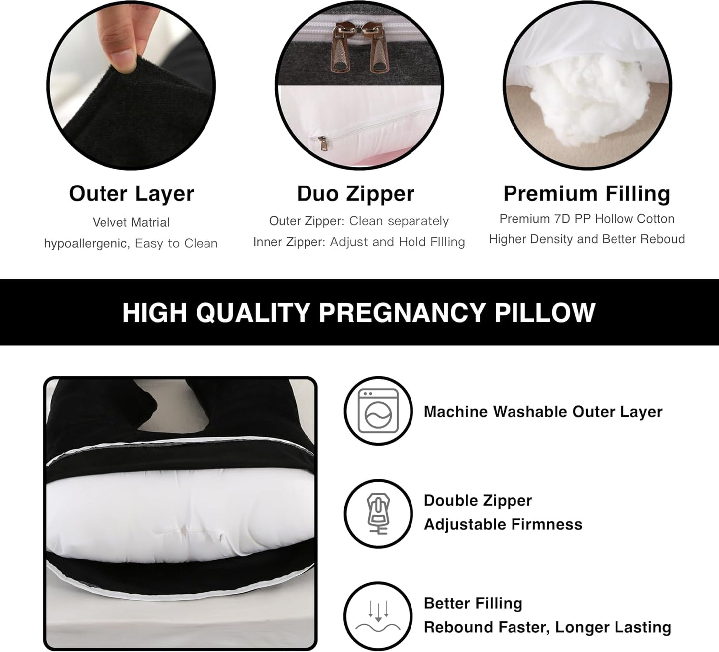ALLOPERA Pregnancy Pillows for Sleeping, 57-Inch U-Shaped Full Body Maternity Pillow with Adjustable Fill and Removable Washable Cover, Back, Belly, Hip and Leg Support for Pregnant Women, Black Grey