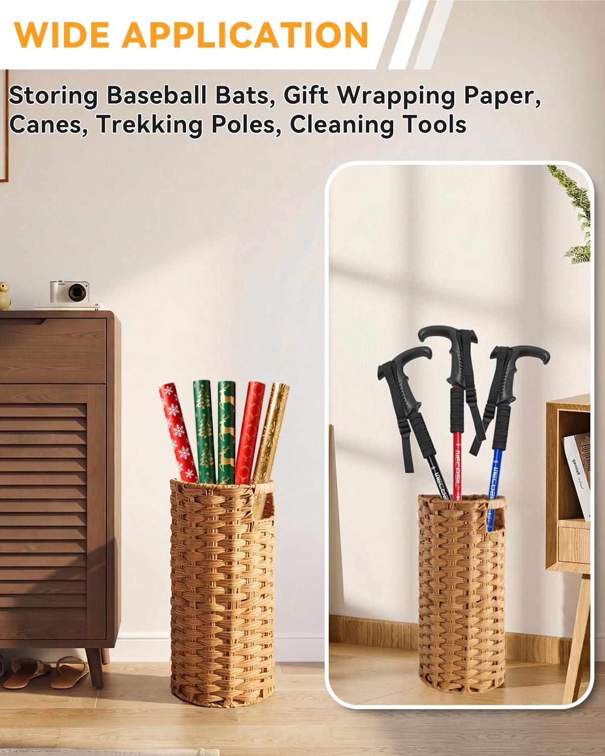Rattan Umbrella Stand for Entryway,Hand-Woven Umbrella Holder Indoor with Doormat, Removable Drip Tray & 4 Hooks,Waterproof Umbrella Storage Basket