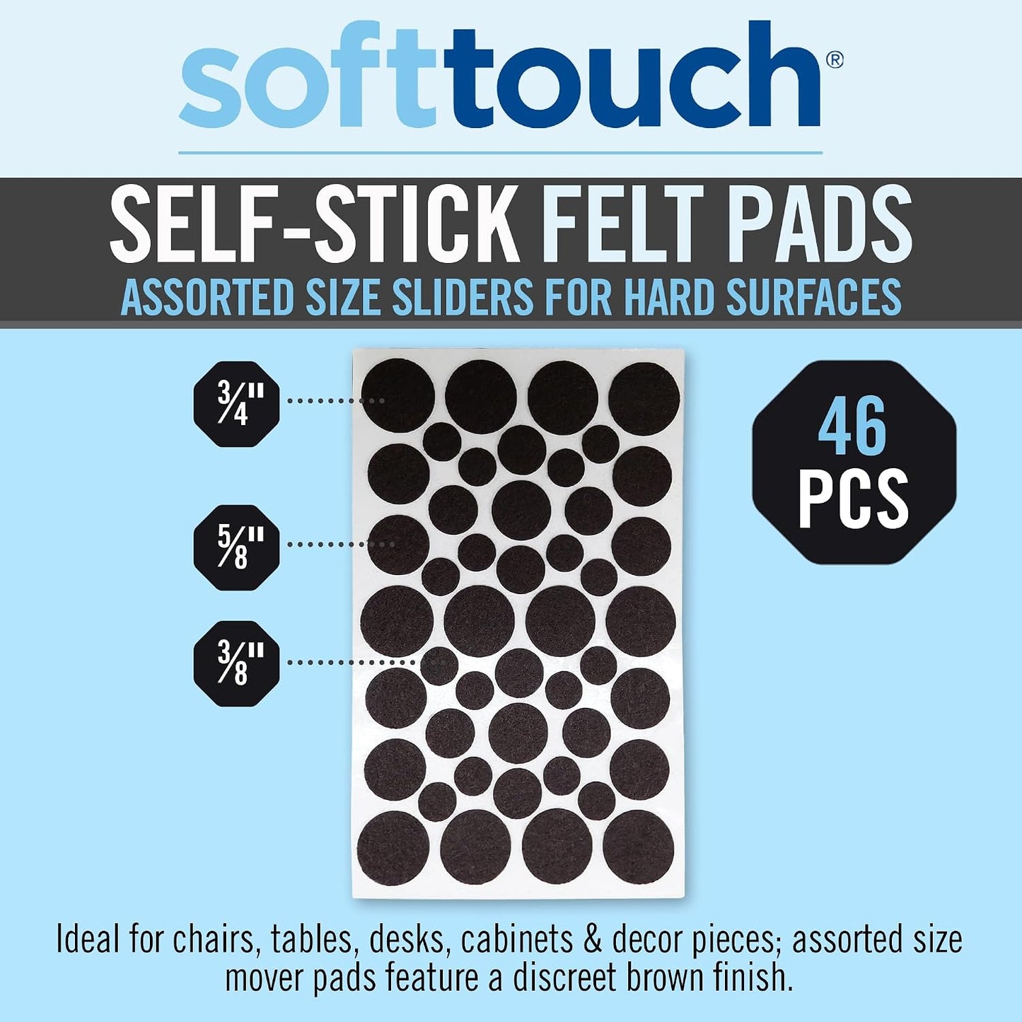 SoftTouch Assorted Size Round Mini Self-Stick Furniture Slider Felt Pads for Hard Surfaces, Noise-Reducing Adhesive Furniture Moving Pads for Beds, Sofas, Dressers, 46-Count, Brown