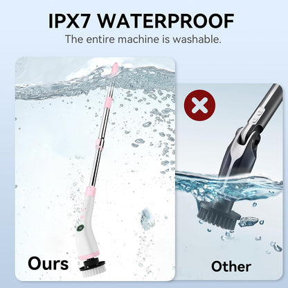 Electric Bathroom Cleaning Brush Cordless Shower Scrubber SD-CTB01 | Spin Scrubber Full Body Waterproof IPX7 with Adjustable Handle, 8 Replaceable Brush Heads for Bathtub/Kitchen/Window/Home