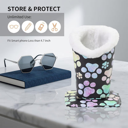 Plush Lined Eyeglasses Holder, Cute Magnetic PU Leather Glasses Stand Case for Women Men Kids