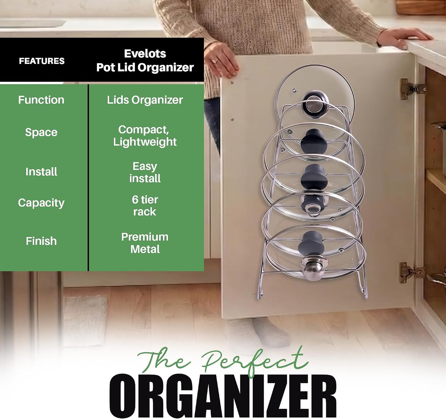 Evelots 6 Pot Lid Organizer for Cabinet Door or Pantry Wall - Closet Door Pots and Pans Lids Holder - Glass or Metal Pan Covers Cabinet Organizer Kitchen Storage - White 6 Tier Lid Rack