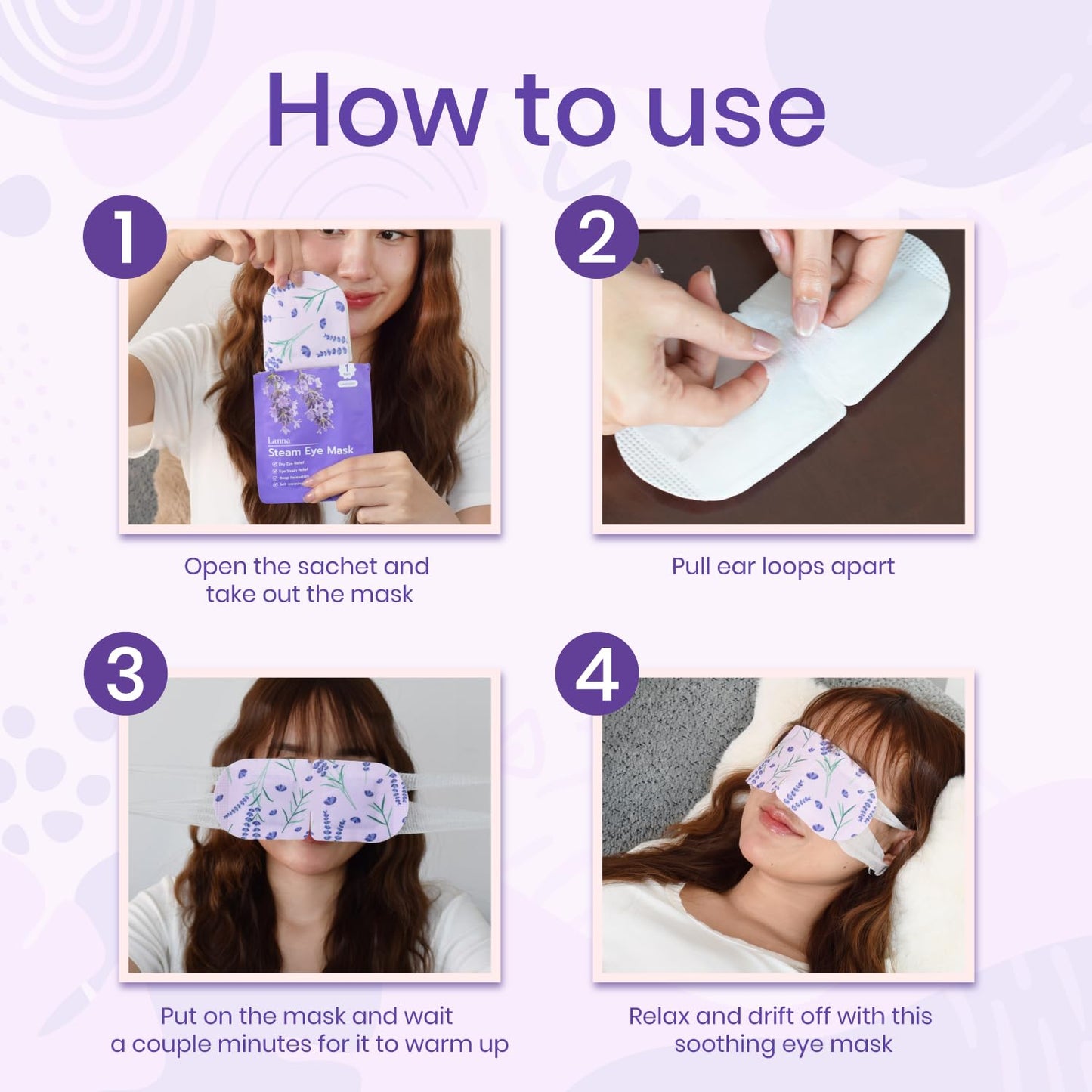 LANNA Heated Steam Eye Mask, Disposable 120 Minutes, Lavender Scent, 5 Pcs | Great for Sleep & Spa Relaxation, Self Heating Warm Compress for Dry & Puffy Eyes Long Lasting Heated Eye Mask for Stye Eyes