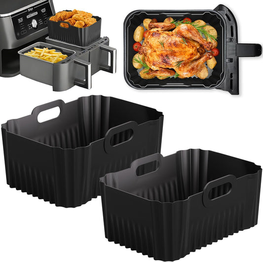 Silicone Air Fryer Liners for Ninja Foodi Dual DZ550 & DZ401 & DZ302 10Qt | Reusable Airfryer Silicone Pot Rectangle, Upgraded High Wall Baking Basket Insert, Dishwasher Safe, BPA-Free