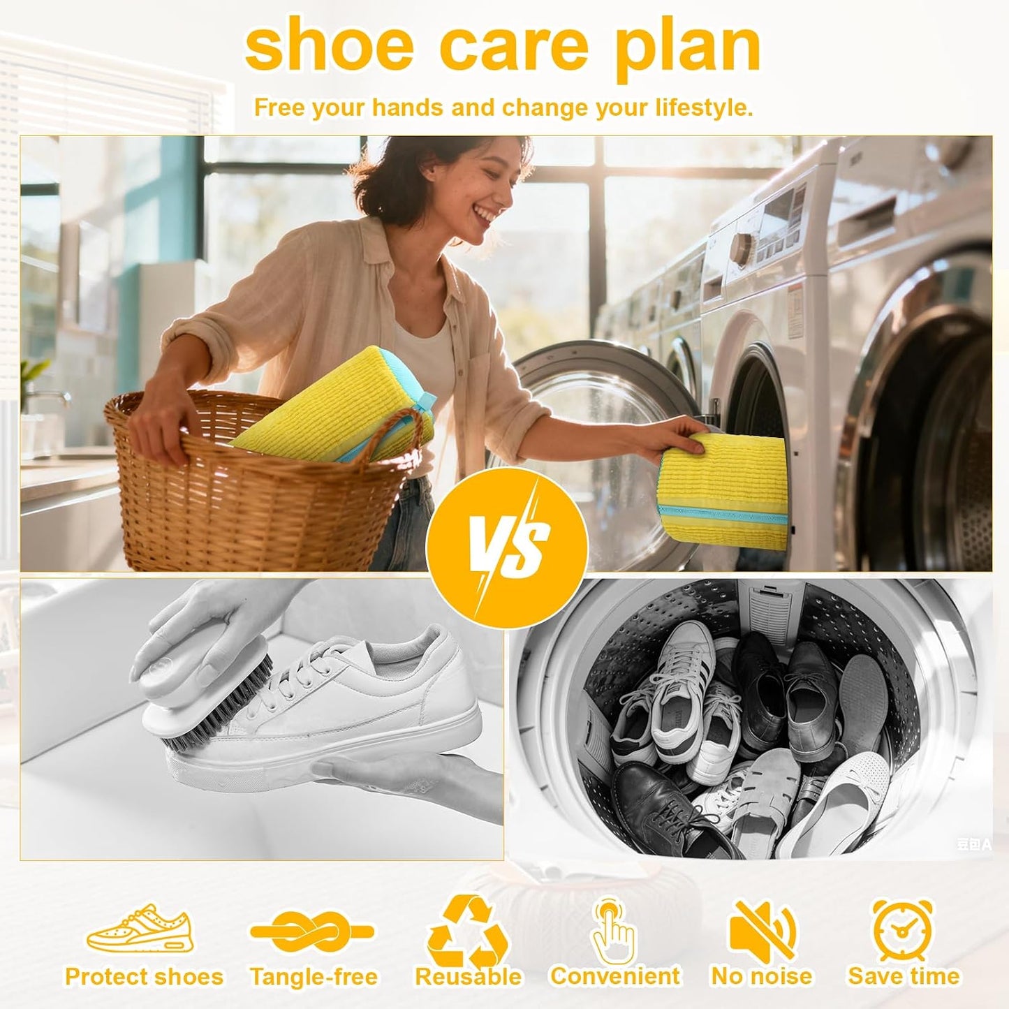 Shoe Washing Machine Bag – Reusable Laundry Shoe Bag for Sneakers, Running Shoes & White Shoes, Helps Protect Against Deformation, Scratches & Washer Damage(Yellow 2pcs)