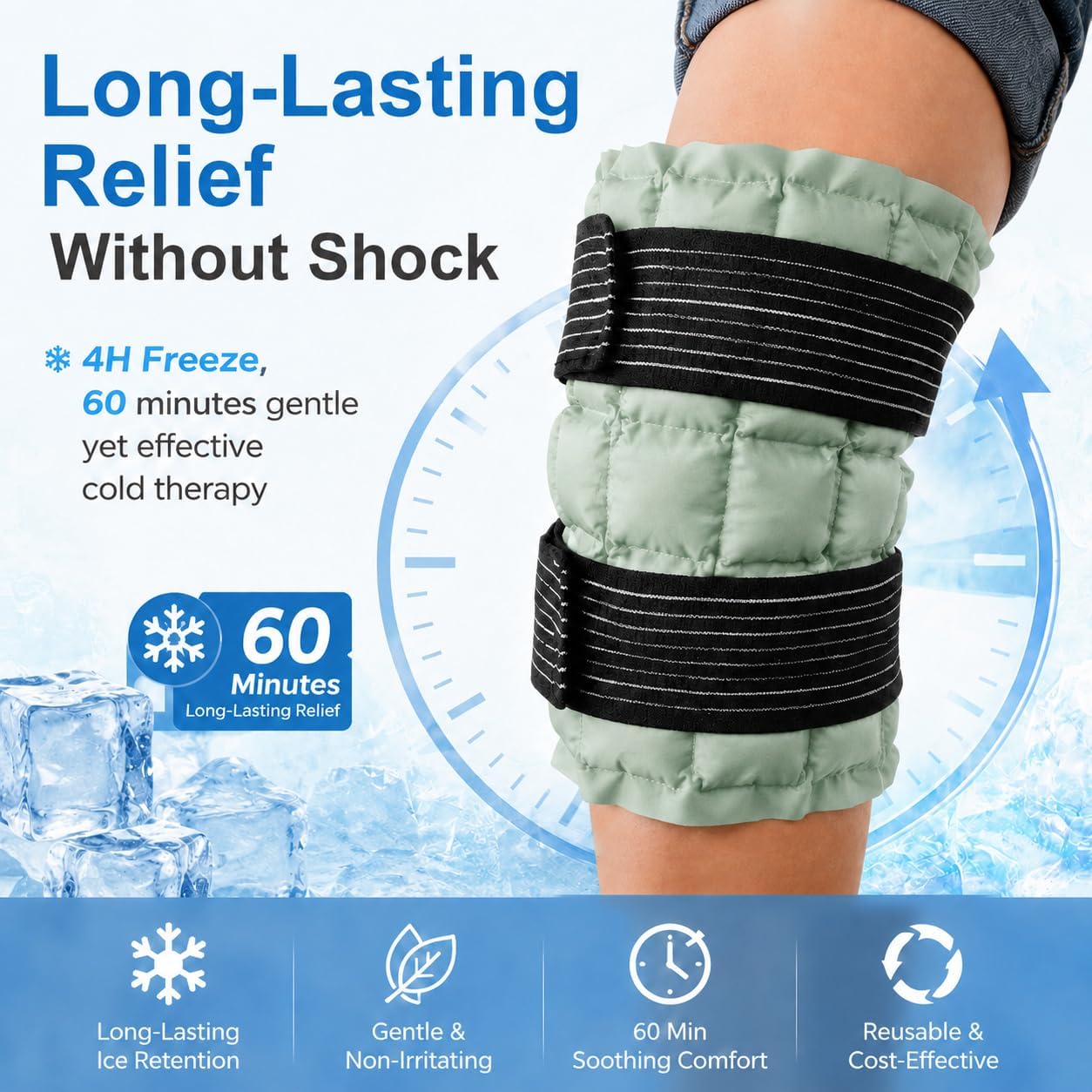 WORLD-BIO Ice Packs for Injuries Reusable, Knee Ice Pack Wrap with Straps, Gel Ice Wrap for Leg Pain Relief, Hot & Cold Compress Therap for Swelling, Water Soak Needed, Light Blue, 1Pack