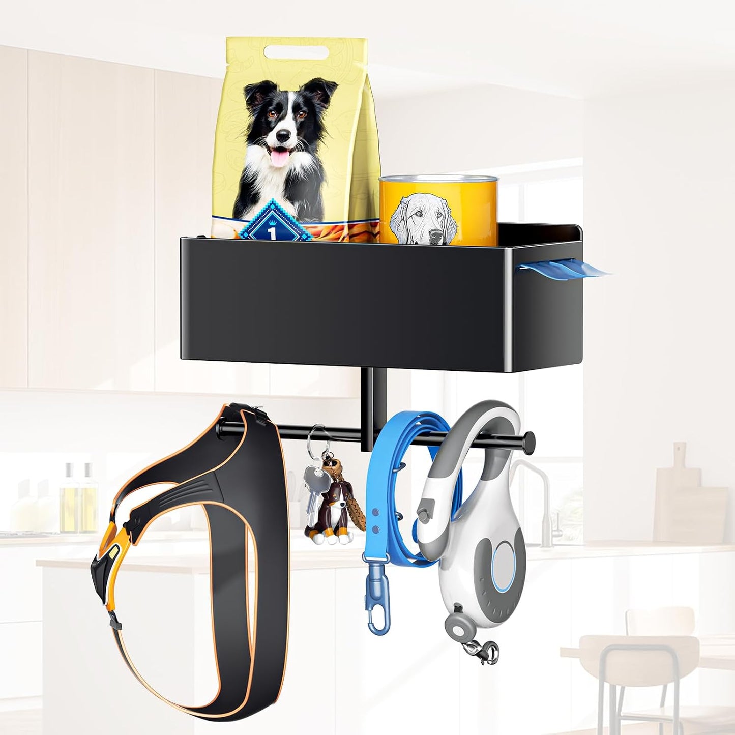 Dog Leash Holder for Wall, Dog Leash Hooks, Wall Mounted Leashes Hangers, Dog Storage Organizer, Key Holder with Storage Shelf, Pet Stuff Organizer for Pet Toys, Collar, Treats, Poop Bag (Black)
