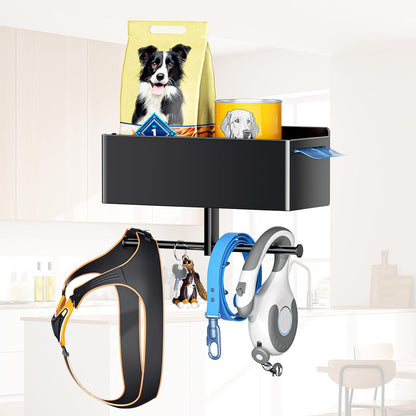 Dog Leash Holder for Wall, Dog Leash Hooks, Wall Mounted Leashes Hangers, Dog Storage Organizer, Key Holder with Storage Shelf, Pet Stuff Organizer for Pet Toys, Collar, Treats, Poop Bag (Black)
