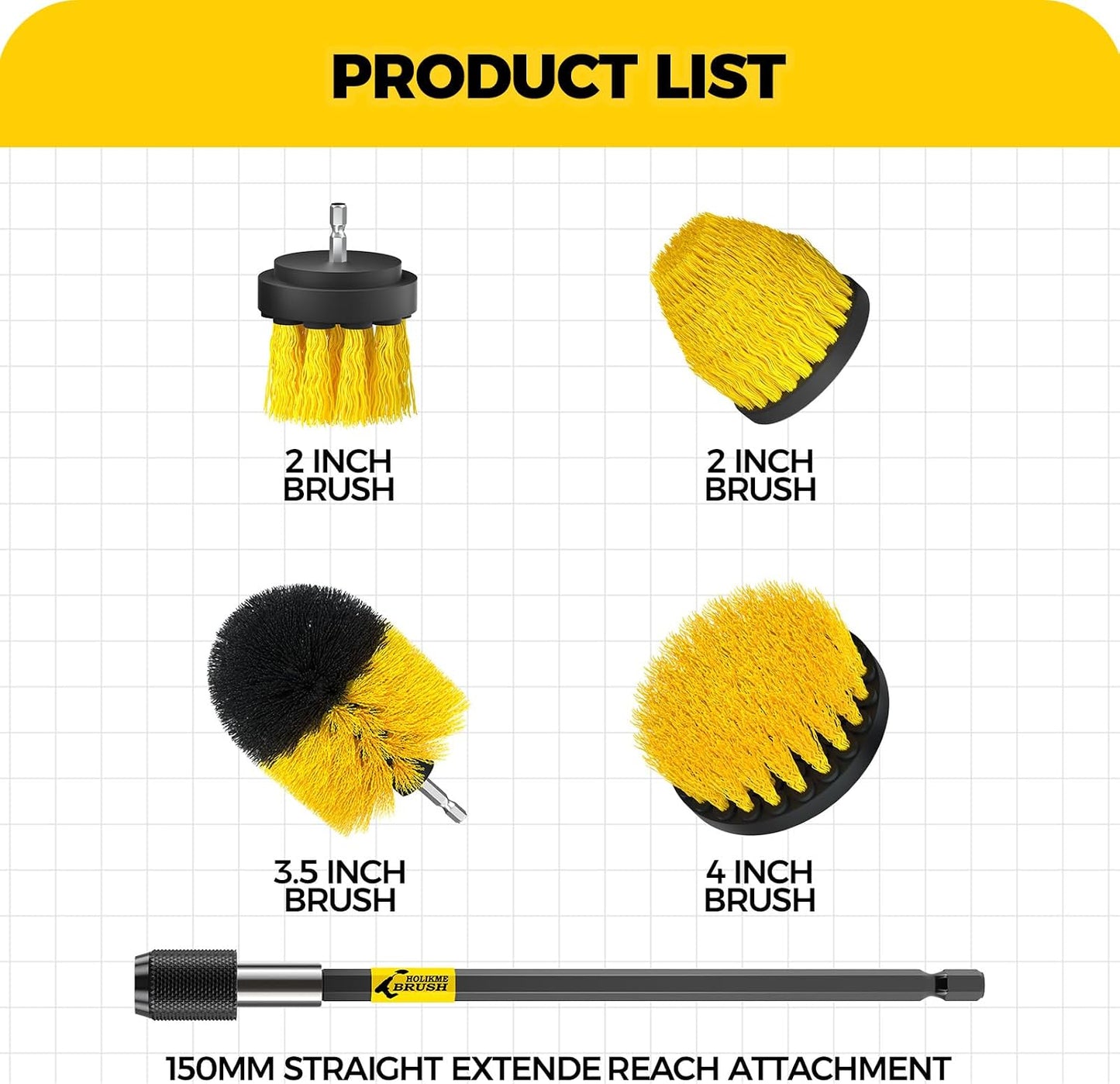 Holikme 5Pack Drill Brush Set with Extension for Car & Bath Detailing | 4 nylon scrub brushes,white,Power scrubber kit for Bathroom Surfaces, Grout, Floors, bathtubs, Tiles, Kitchen and Car