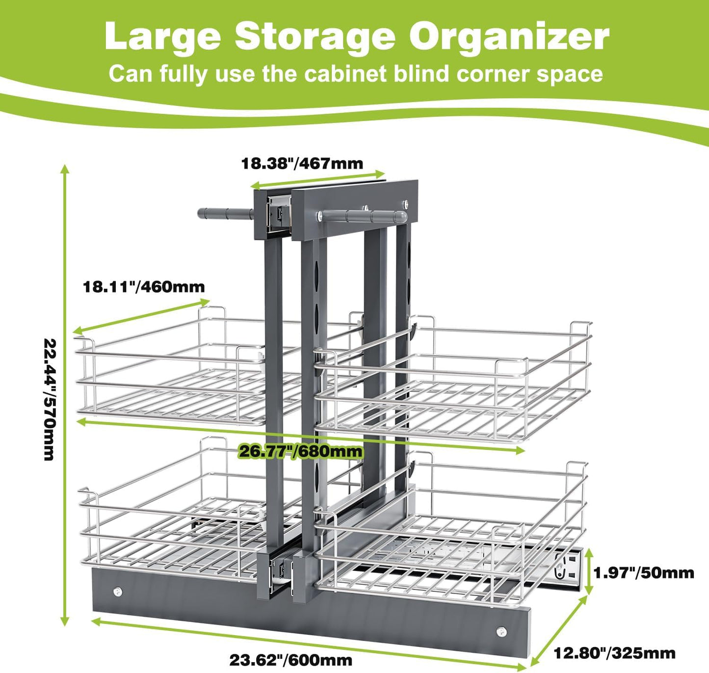 Blind Corner Cabinet Pull Out Organizer, Soft Close Swing Right Pull Out Cabinet Organizer 36inch, Corner Cabinet Lazy Susan for Corner Cabinet Blind Shelf, 2 Tiers Tray, Adjustable Height