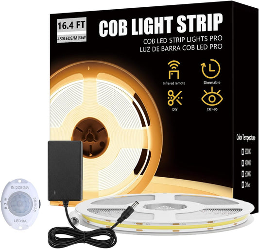Under Bed Lights Motion Sensor COB LED Strip, 6.56Ft 3000K Warm Motion Activated LED Light Strip for Bedside, 24V Dimmable Motion Sensor Night Light COB Strip for Under Cabinet Stair Closet