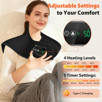 Heating Pad for Neck Shoulder, Cordless Electric Neck Shoulder Heating Pad Wrap 4 Heat Options & 5 Auto Timer for Mom Women