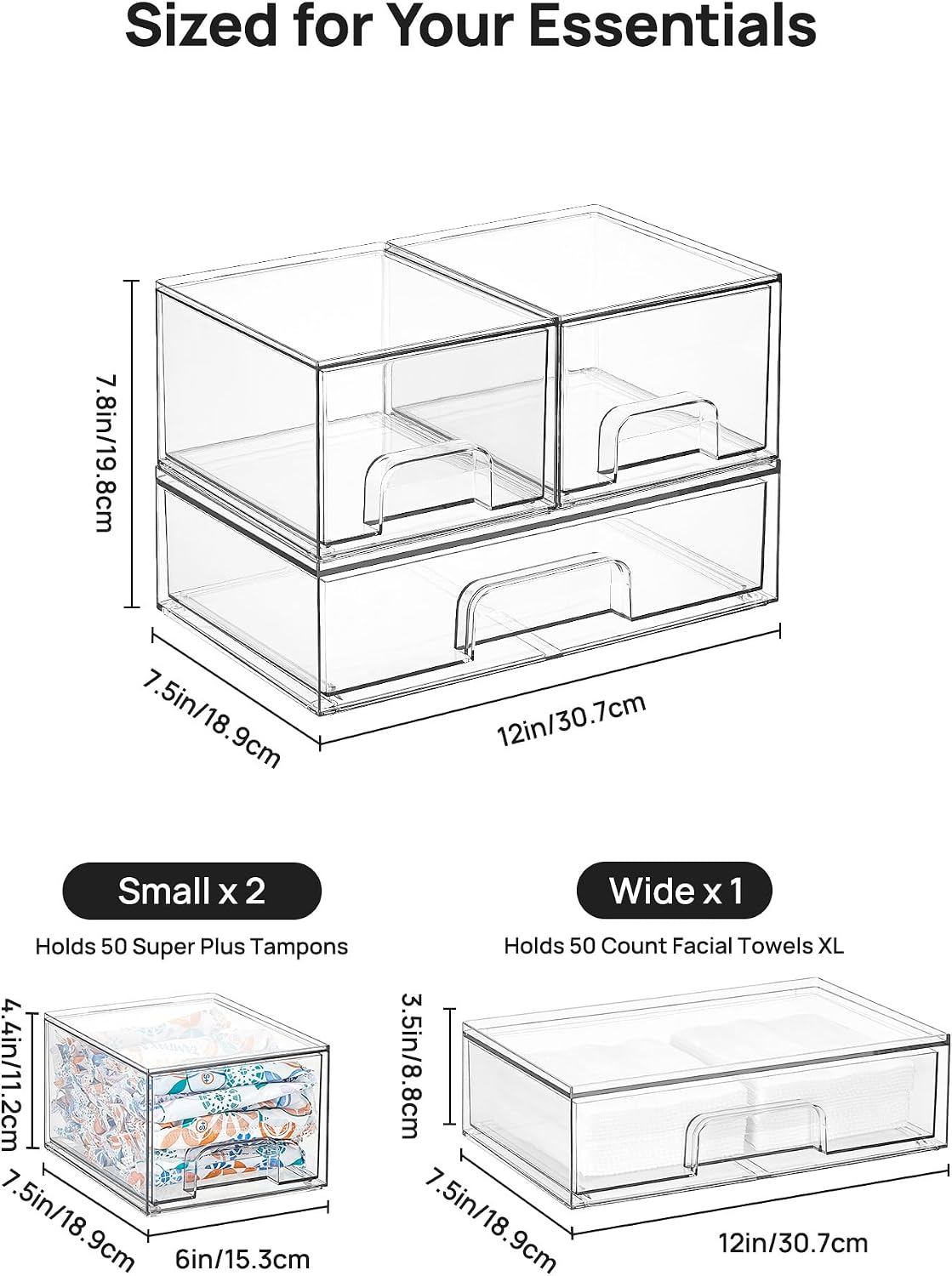 Vtopmart Clear Stackable Storage Drawers Set of 6, Plastic Organizer Bins | Multi-purpose Boxes for Bathroom Accessories Storage, Ideal for Cabinet, Shelf, Pantry, Laundry Room Organization