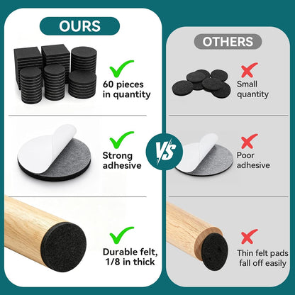 60 Pack Felt Furniture Pads for Hardwood Floors – Self Adhesive Chair Leg Floor Protectors, Round & Square Felt Pads for Furniture Legs, Black