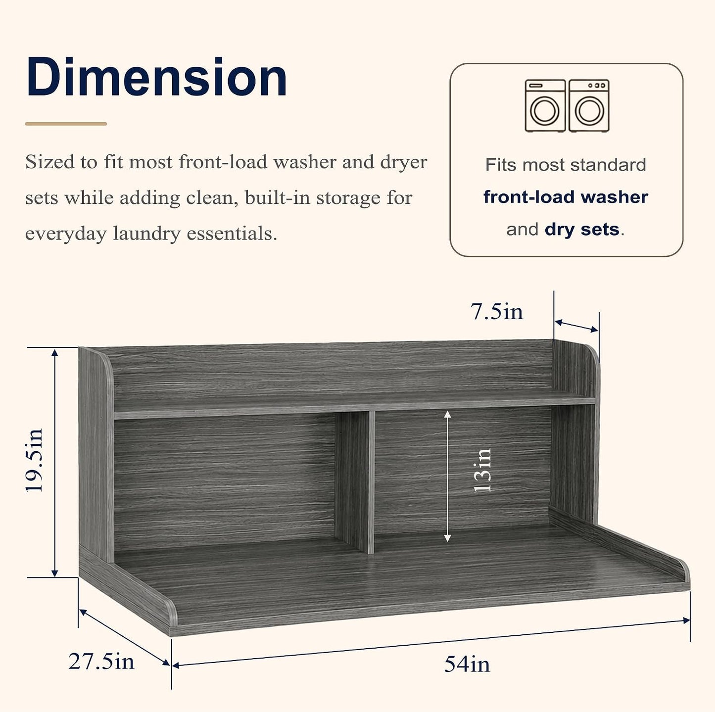 Royxen Washer Dryer Countertop with Extra Tall Shelf, 19" Height Washer and Dryer Topper, Laundry Countertop with Non-Slip Pads, Universal Fit for Laundry Room Organization, Walnut