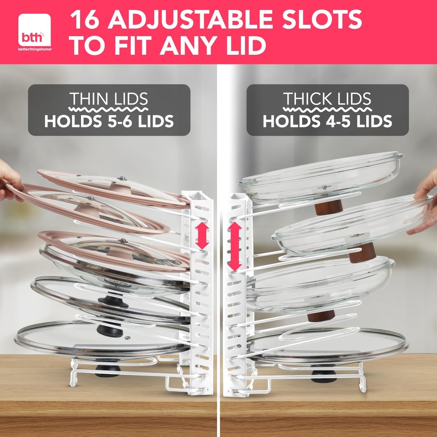 Free-Standing Adjustable Pot Lid Organizer for Cabinet - Kitchen Storage Rack 6 Adjustable Shelves, Pot Lid Holder, Pan and Pot Rack Organizer, Pantry & Inside Cabinet Organizer (13” Clearance)